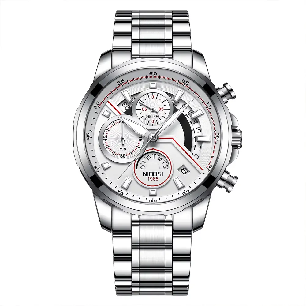 Nibosi 2576 High Quality Stainless Steel Luminous Men's Watch – Dial Color: White, Strap Color: White – View 1
